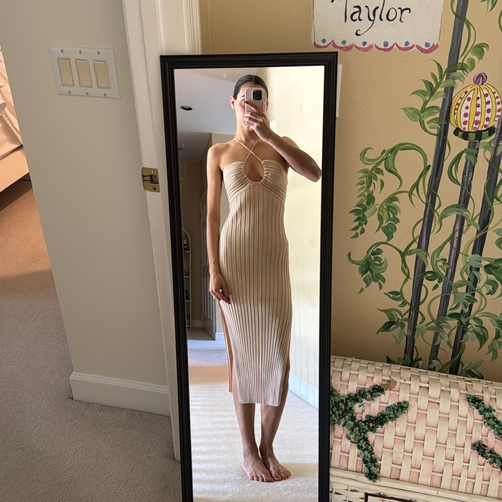 LORI Ruched Front Knit Midi Dress Champagne